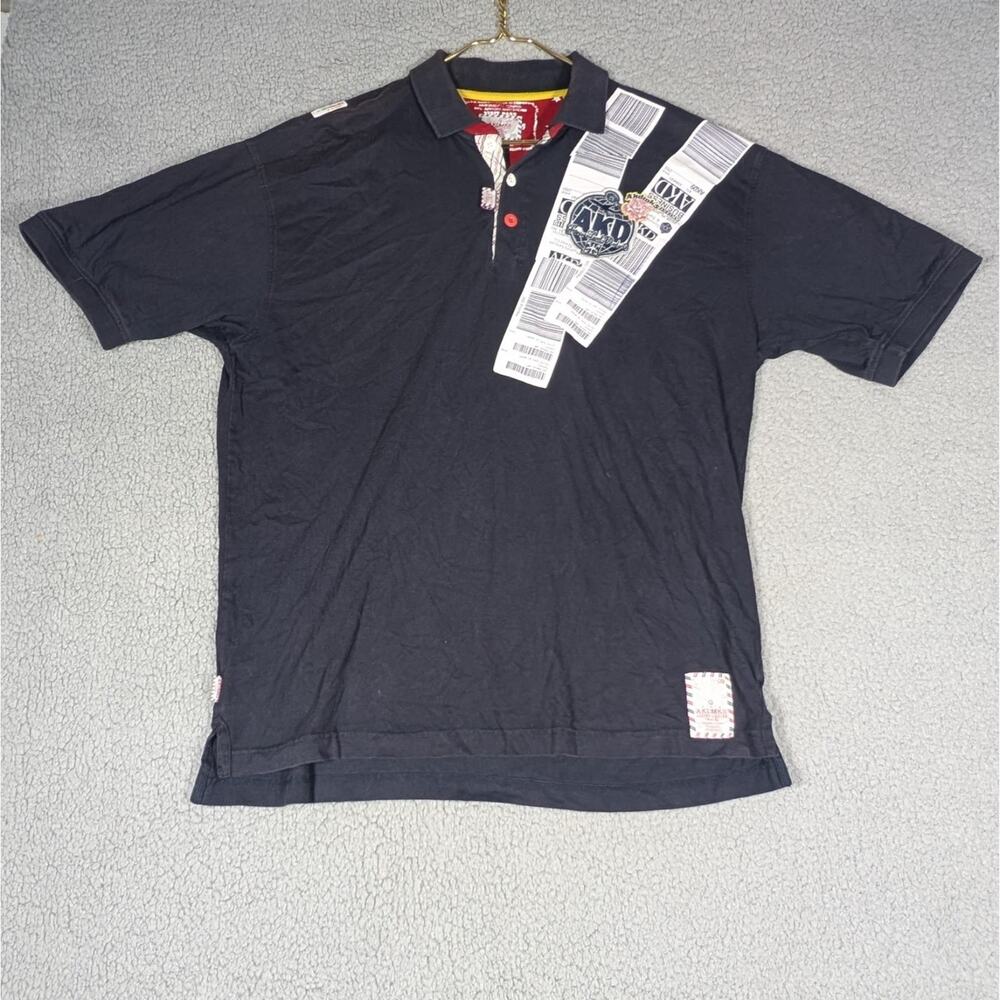Akademiks Polo Shirt Mens Large Black Destination Streetwear Travel Patchwork